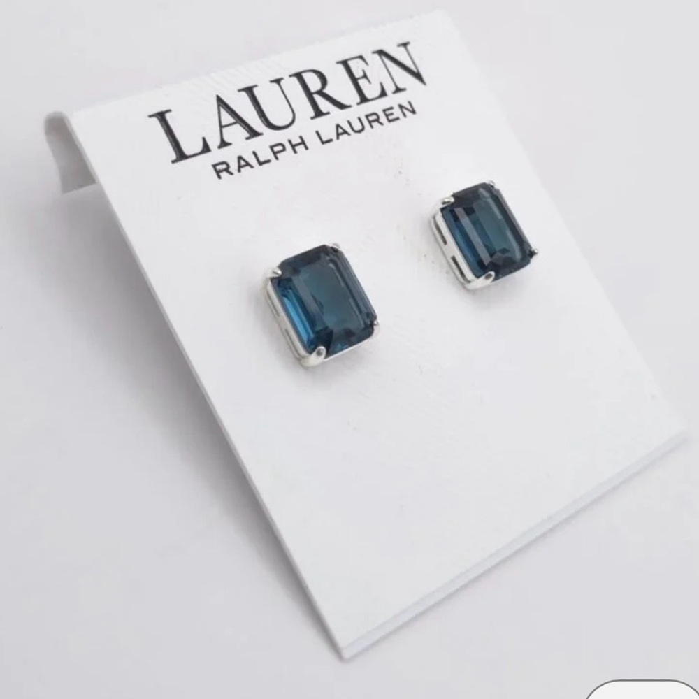 Lauren Ralph Lauren Silver Tone & Deep Blue Square Stud Earrings - NWT ** - Picture 3 of 4